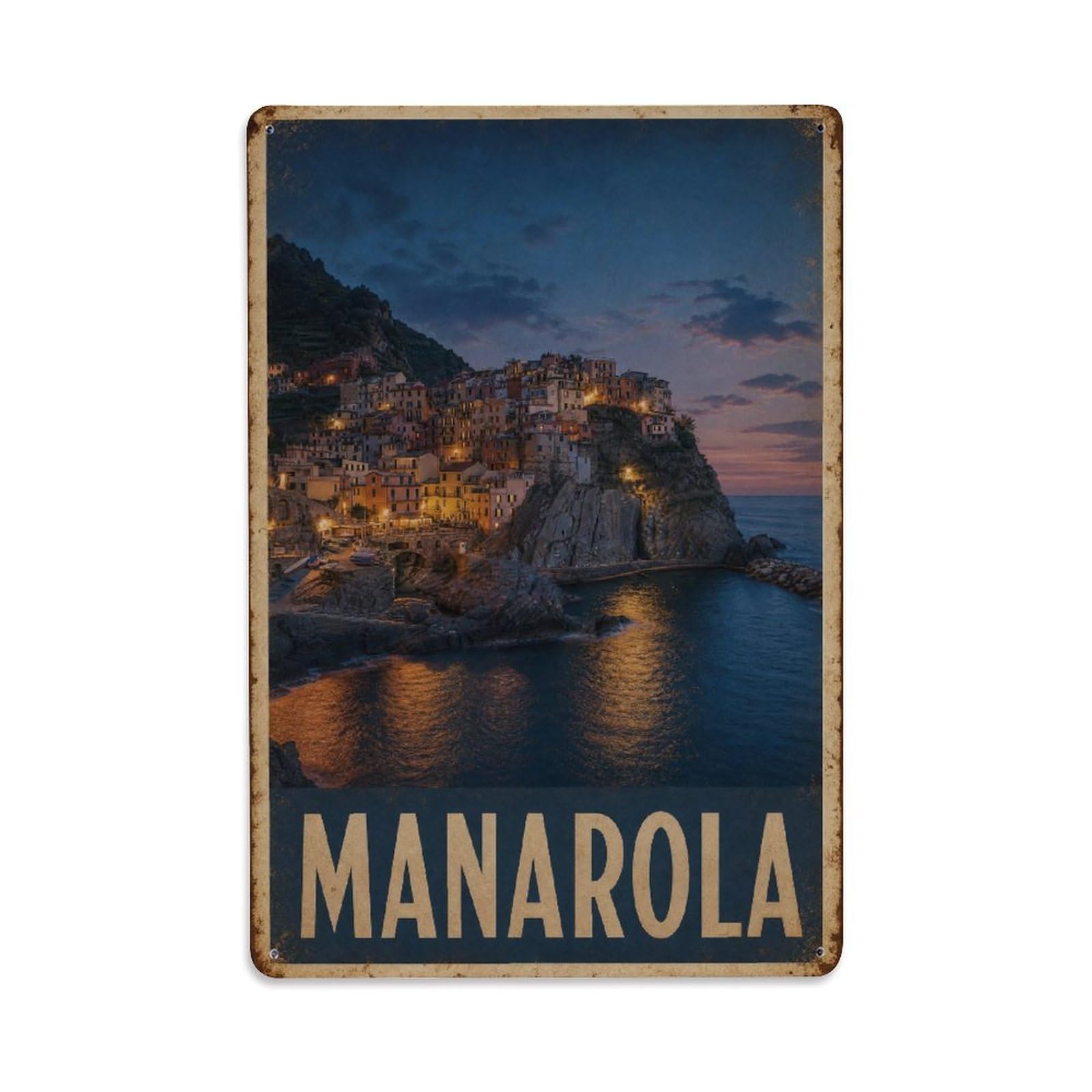 Huiyhb 8X12inch(20X30cm) Vintage Travel Manarola Blue Hour Twilight Village Italy Metal Tin Sign
