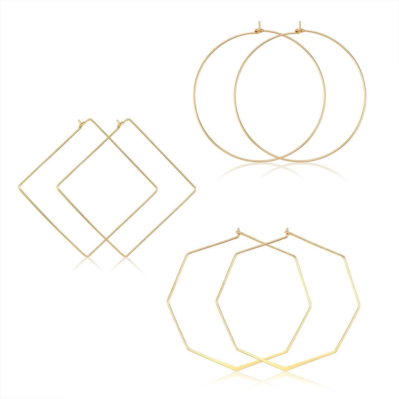 Square Hoop Earrings 3 Pairs Geometric Hoop Earrings Dangle Earring Set For Women (gold geometric)