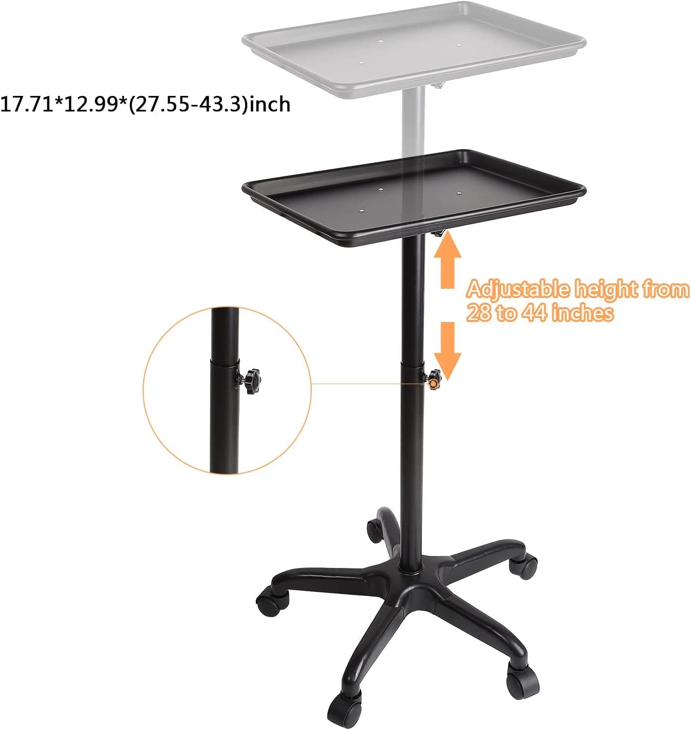 Salon Tablett mit Rädern Aluminiumwagen Beauty Trolley Einstellbare Höhe 360 Grad Schwenkräder für Dental Carts Friseur Cart Schwarz