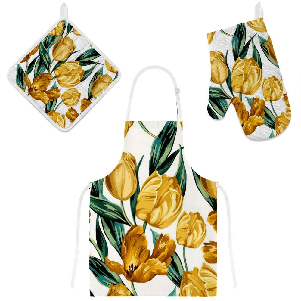 Tablier de cuisine pour repas de fête avec gants et manique tulipes