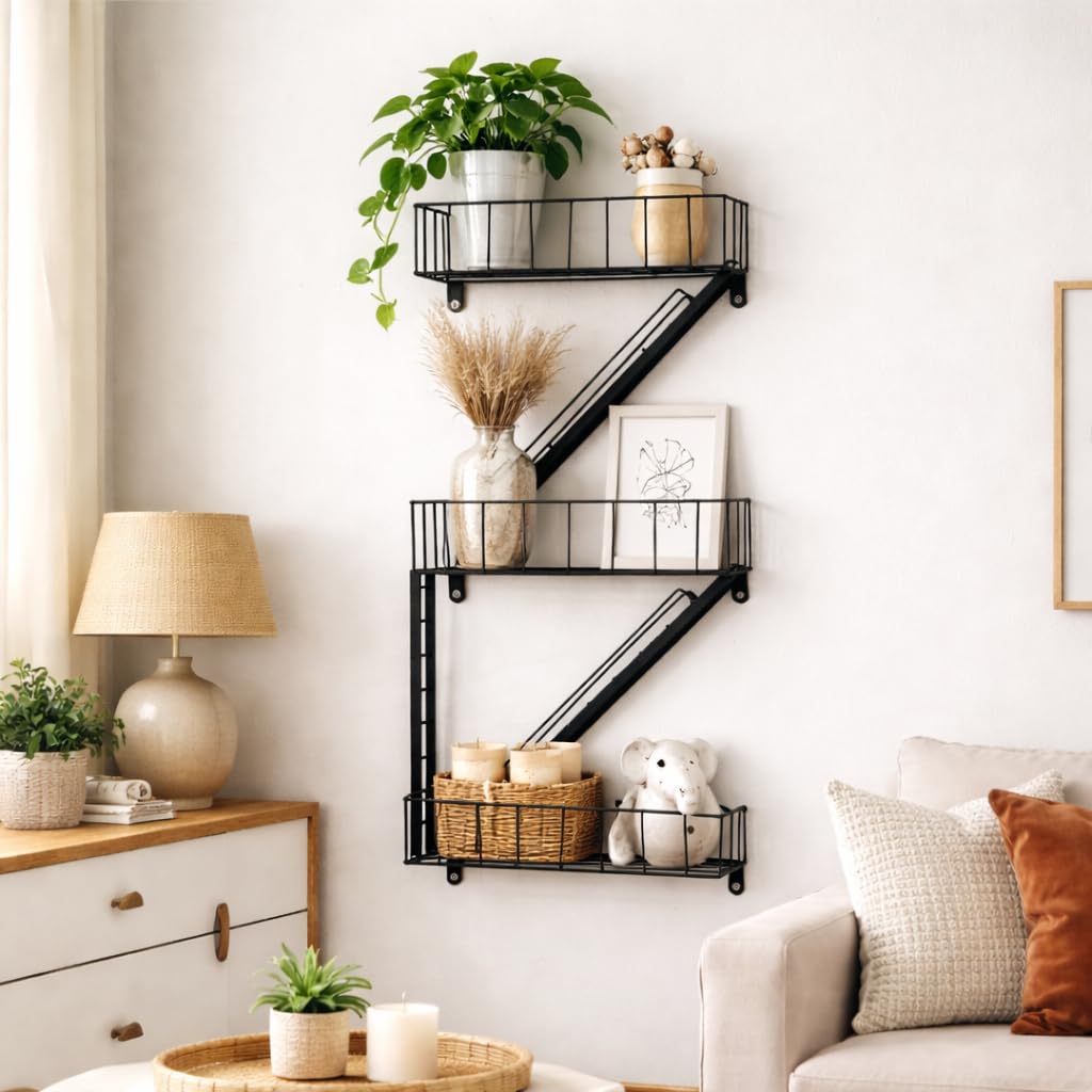 Marco Paul Interiors Fire Escape Wall Shelf – 3 Tier Black Metal Ladder Style Floating Shelf Unit – New York Industrial Wall Shelves for Living Room, Bedroom, Kitchen or Bathroom Display Storage