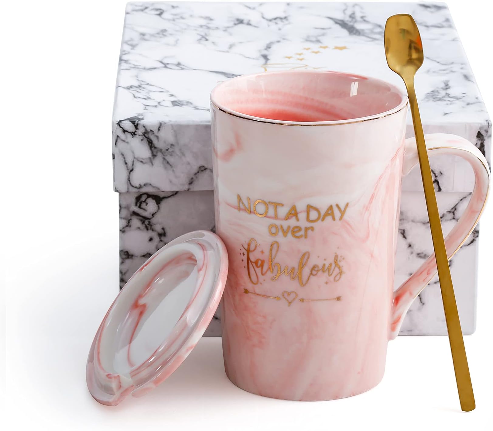 Not A Day Over Fabulous Mug, Funny Ceramic Marble Cup, Unique Valentine's Mother's Father's Day Birthday Present Christmas Gifts for Women Men Dad Mom Him Her Wife Girl Friend Sister (Pink)