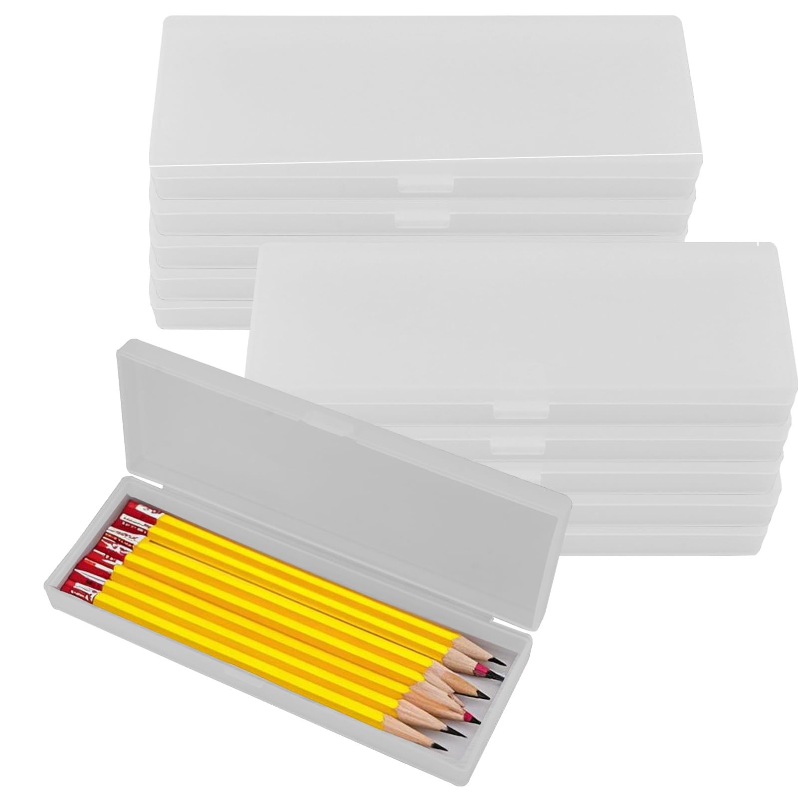 MAHIONG 10 Pack Plastic Pencil Box, Clear Pencil Stationery Case with Hinged Lid and Snap Closure, Office Art Supplies Storage Organizer Box