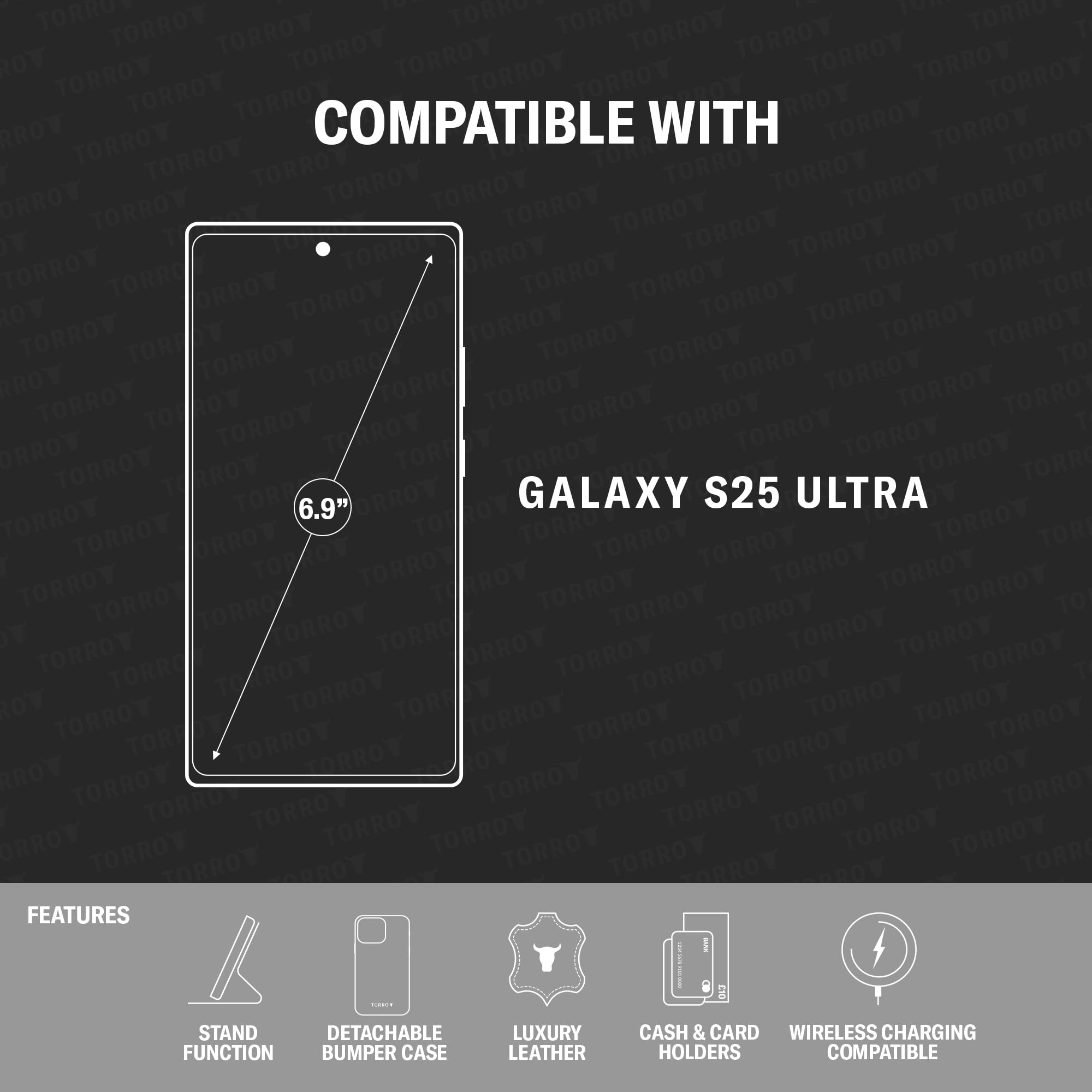 Skórzane etui TORRO Premium kompatybilne z Samsung Galaxy S25 Ultra 5G 2025 – skórzane etui typu Bumper z magnetycznie zdejmowaną osłoną portfela z podpórką i miejscami na karty (Czarny)