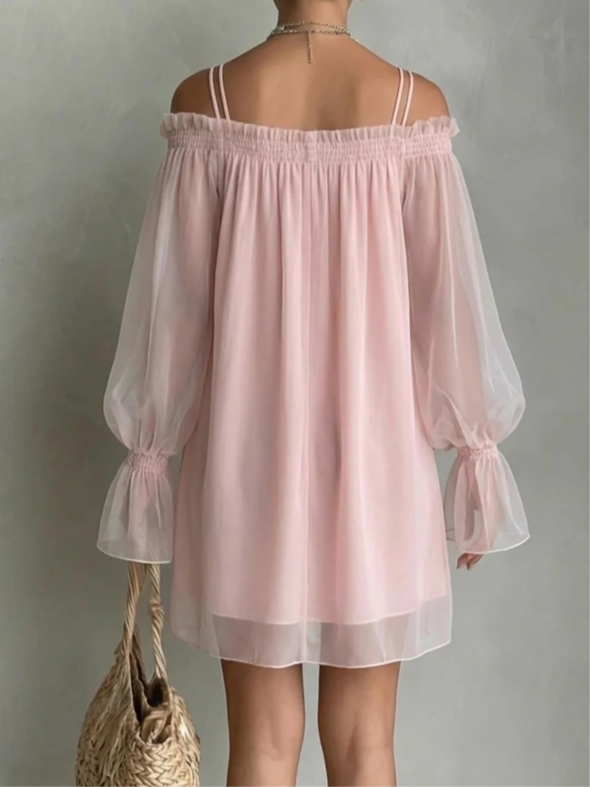 Minigonna Donna Fuori Spalla Pizzo Mini Abito Manica Lunga Boho da Festa, Affumato Collo Trasparente Lanterna Sciolto Abito-Green-s