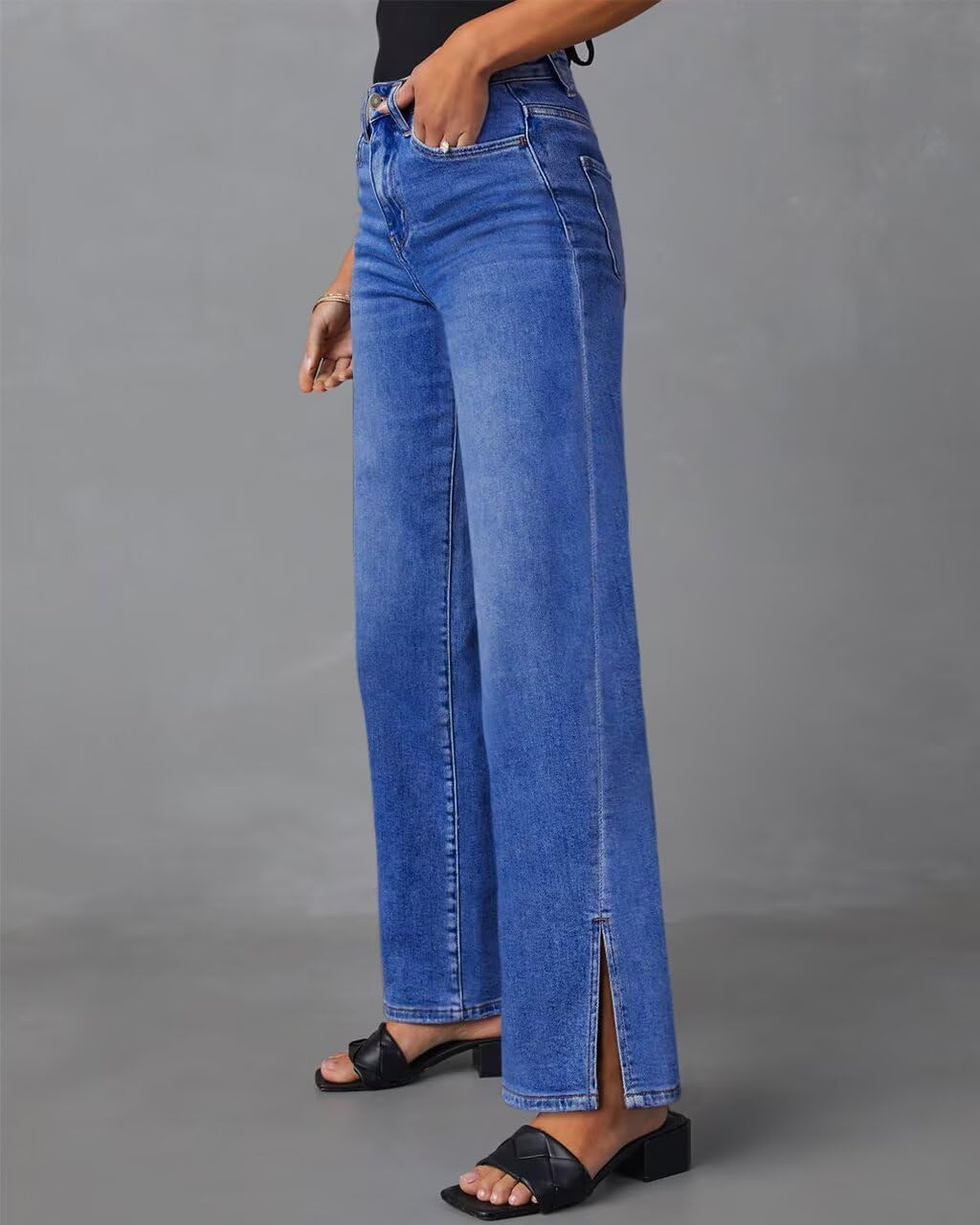 KDF Straight Leg Jeans for Women High Waisted Jeans Frayed Baggy Pants Raw Hem Loose Stretchy Cropped Wide Leg Jeans