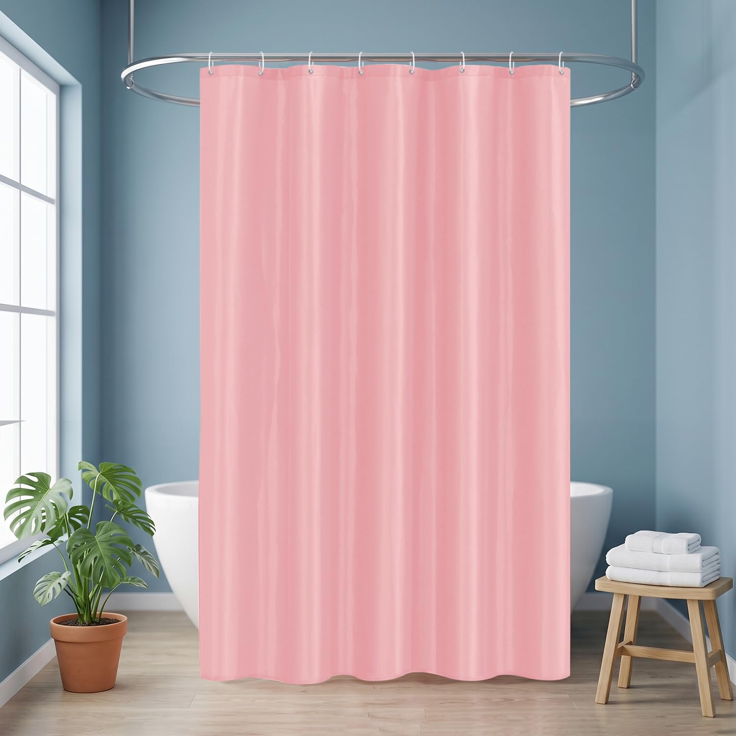 LUKDUNG 120 x 180 cm Polyester Textile Shower Curtain Anti-Mould for Bathroom, Curtain for Bathtub Shower Made of Fabric Waterproof Washable Shower Curtain with 8 Hooks Pink