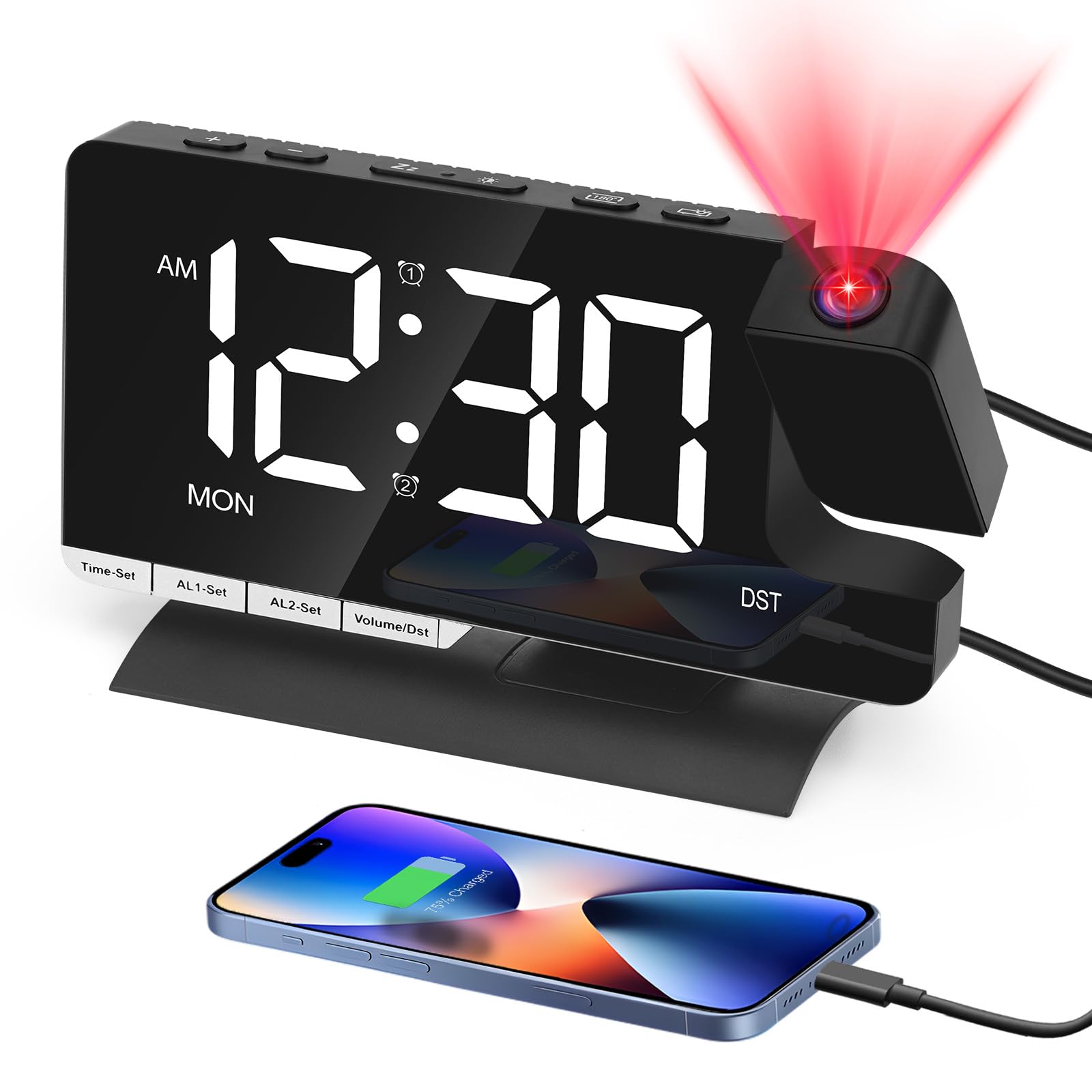 Venchin Projector Clocks for Bedrooms: Daul Alarm Digital Clock Bedside 9-Mins Snooze 12H/24H DST USB Charging Port 7.3" LED Mirror Surface Mains Powered - Black
