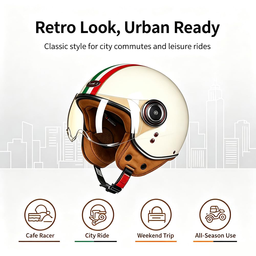 Casco de Moto Jet Vintage con Visera Solar, Medio Casco 3/4 Abierto Estilo Retrò, Homologado Dot/ECE para Scooter Vespa, Cruiser y Motocicleta – Adultos Hombres y Mujeres
