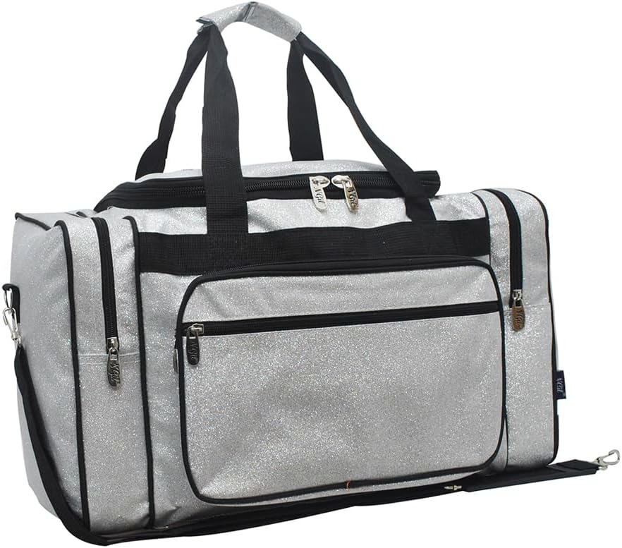 NGIL Glitter Canvas 20" inch Weekender Overnight Travel Carry-On Luggage Sports Gym Duffle Bag for Women (Silver Glitter)