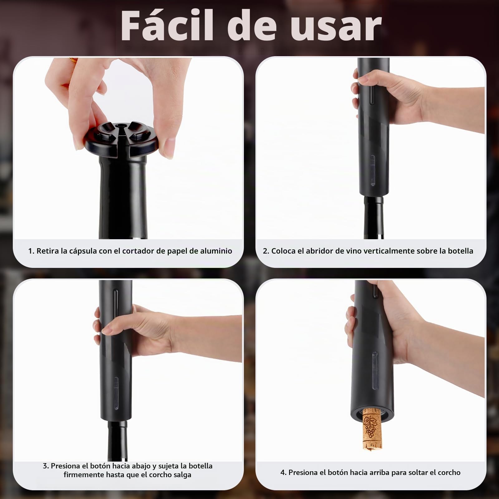 Sacacorchos Eléctrico Portátil, Corta Cápsulas, Vertedor, Tapón de Vino y Cable de Carga USB, Ideal para Reuniones Familiares, Bares y Regalos