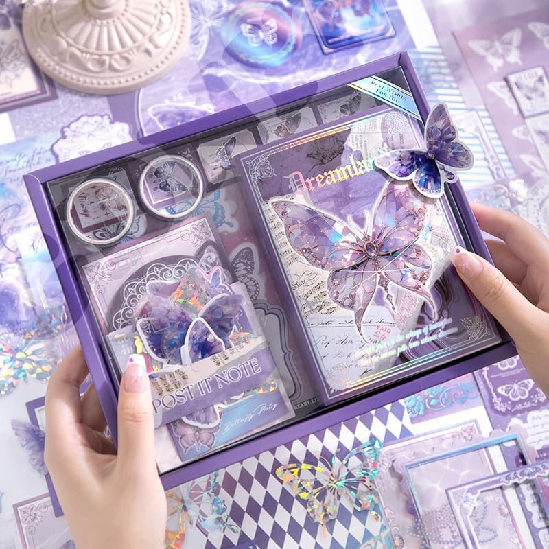 Image of GDNK Scrape Book Kit Scrapbooking Kit Vintage Journal Scrapbook Pack DIY Paper Stickers, Craft Kits Notebook, Collage Album Aesthetic Sticker Journaling Scrapbook Photo Album (Purple Butterfly)