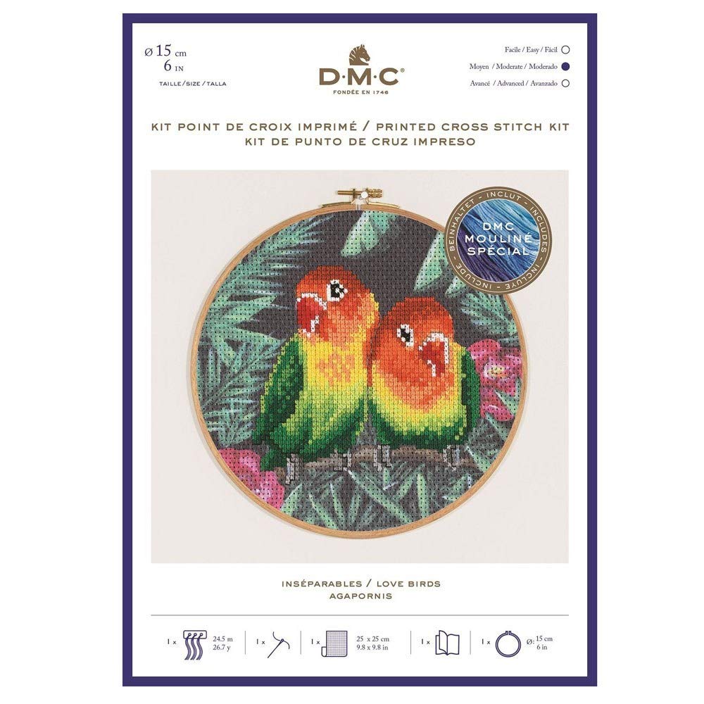 Dmc Love Birds Cross Stitch Kit, Includes Embroidery Threads, Needle, Wooden Drum And Instructions