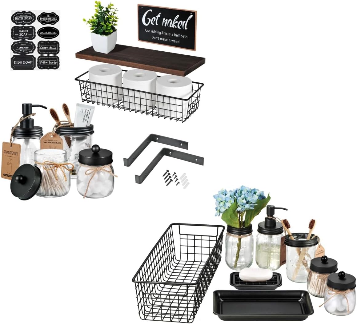 SheeChung 8 Pcs Mason Jar Bathroom Accessories Set, Qtip Holder, Soap Dispenser Toothbrush Holder Set & 8 Pcs Bathroom Floating Shelves Set, Rustic Farmhouse Decor