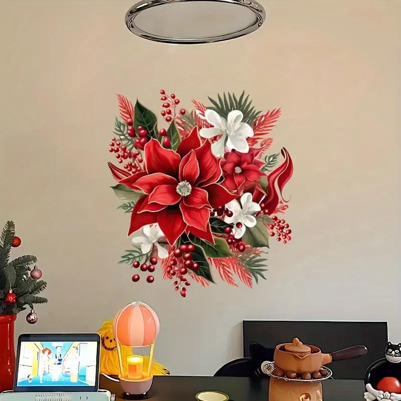 Christmas Poinsettia Flower Toilet Cover Sticker Decals,Spring Flower Snowflake Waterproof Toilet Lid Tank Seat Decals Cistern Self-Adhesive Bathroom Wall Sticker