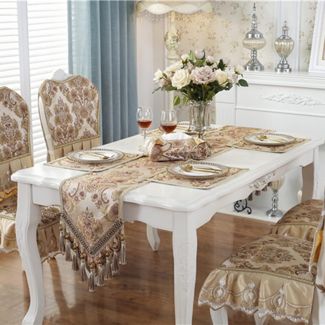 French Country Luxury Floral Pattern Table Runner with Beads Tassels Kitchen Decor Silk Blend Tea Table Table Runners (Beige,13" W x 104" L)