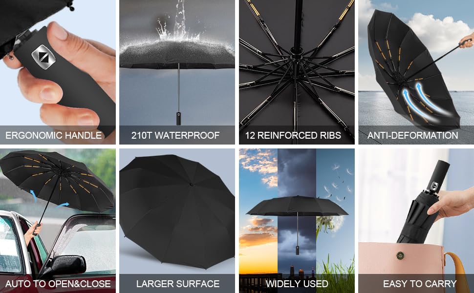 Image of Alexvyan 12 Ribs Car Large Travel Auto Open /Close Umbrella Windproof for Rain & Sun UV Protection, Strong Umbrella for Men & Women, Wind Resistant, Portable Folding Umbrellas for Backpack