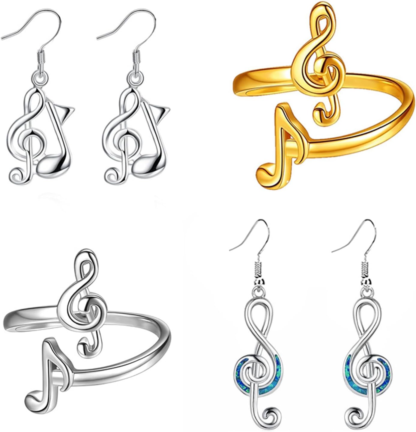 MALOYANVE Four piece Rings Earrings set for Women beautlace Musical Note Adjustable Rings Traditional Musical Note Earrings 18K Gold Silver Gun Plated Love Heart Treble Clef Music Note Jewelry Gifts