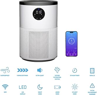 Daewoo Smart Air Purifier With WIFI, Ultra Quiet, 4 Speed Settings, 24 Hour Timer, Night Mode, HEPA 13 Filter That Captures Allergens, Pet Hair, Smoke, Odour And Large Dust Particles For Cleaner Air