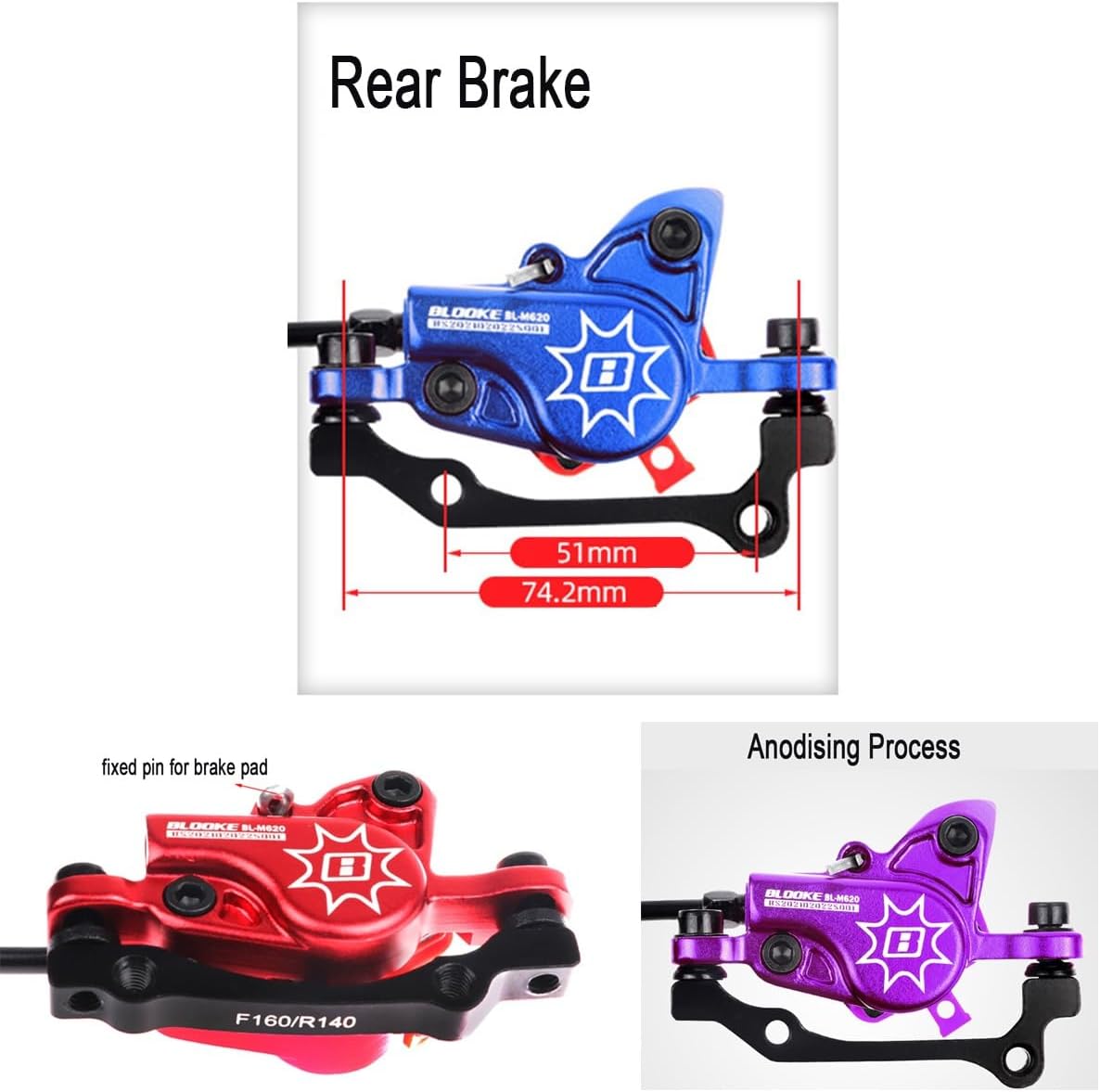 FukkeR Mountain Bikes Hydraulic Disc Brake Set Right Rear 1400mm for BMX XC E-Bikes Mountain Bikes Disc Brakes Aluminum Alloy with Caliper PM/is Adapter Fit160mm Rotors