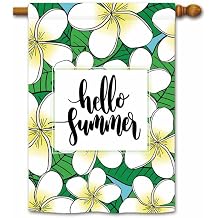 Hello Summer Flowers Garden Flags Plumeria rubra Floral Seasonal Banner 28"X40" Print Both Sides