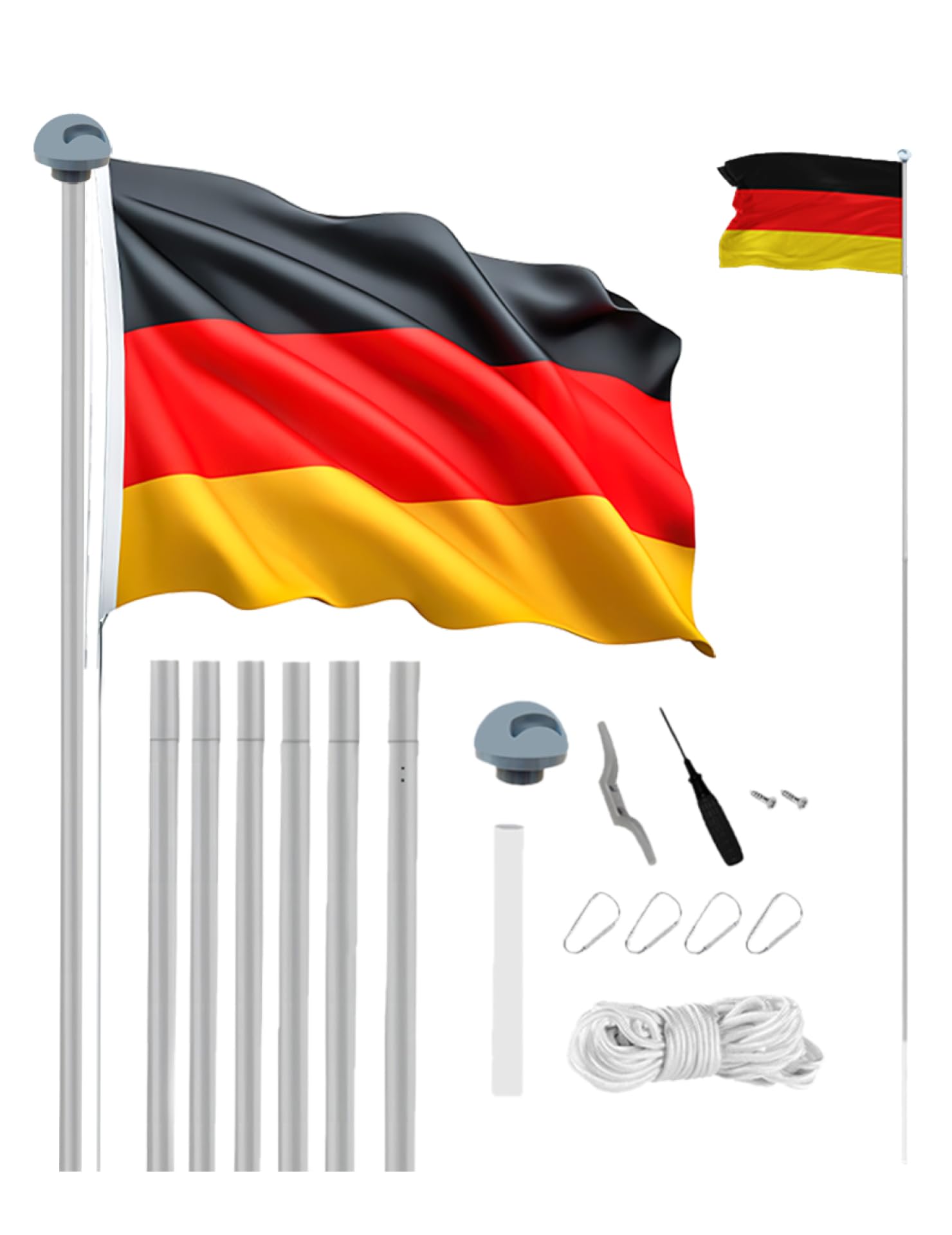 MUWO Glory Teleskop Fahnenmast mit Hissvorrichtung, höhenverstellbar von 2,1 m bis 6,1 m. Einfaches Stecksystem aus flexiblem, wetterfestem Aluminium, mit Bodenhülse. Geeignet für die Außenmontage