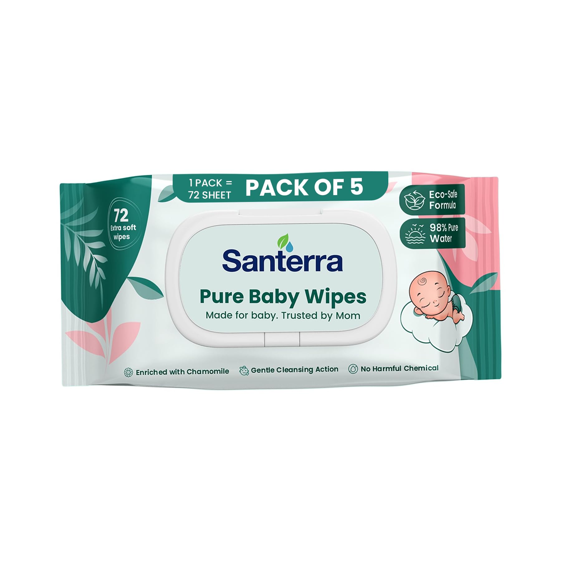 Pure Baby Wipes, 72 Sheets Each, Pure Water, Chamomile Enriched, Gentle Soft Cleansing Wipes for Babies (Pack 1)-image-18