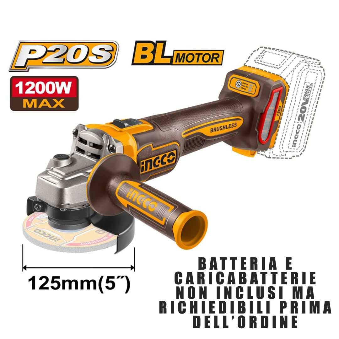 Ingco Cagli221253e Smerigliatrice Angolare a Batteria 20 V 125 mm 1200 W Brushless 3 Velocità Solo Corpo