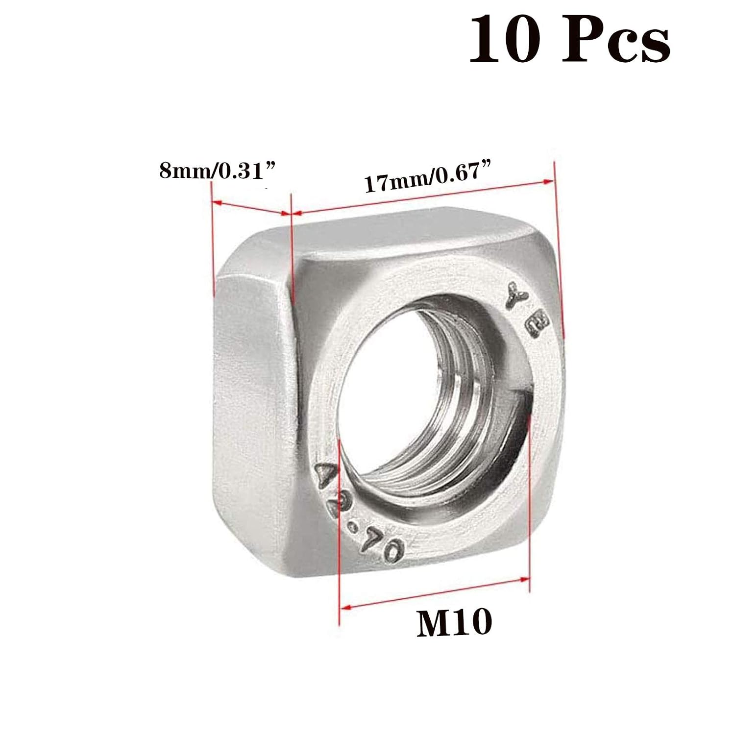 M10-1.5 Square Nuts, 304 Stainless Steel Metric Coarse Thread Assortment Kit (10 Pcs)