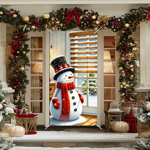 Image of Blissyard Merry Christmas Snowman Door Cover 35x71 Inch Double Sided Christmas Front Door Decoration with Red Scarf, Mittens, Snowflakes, Holiday Decorations for Indoor and Outdoor Winter Home Decor