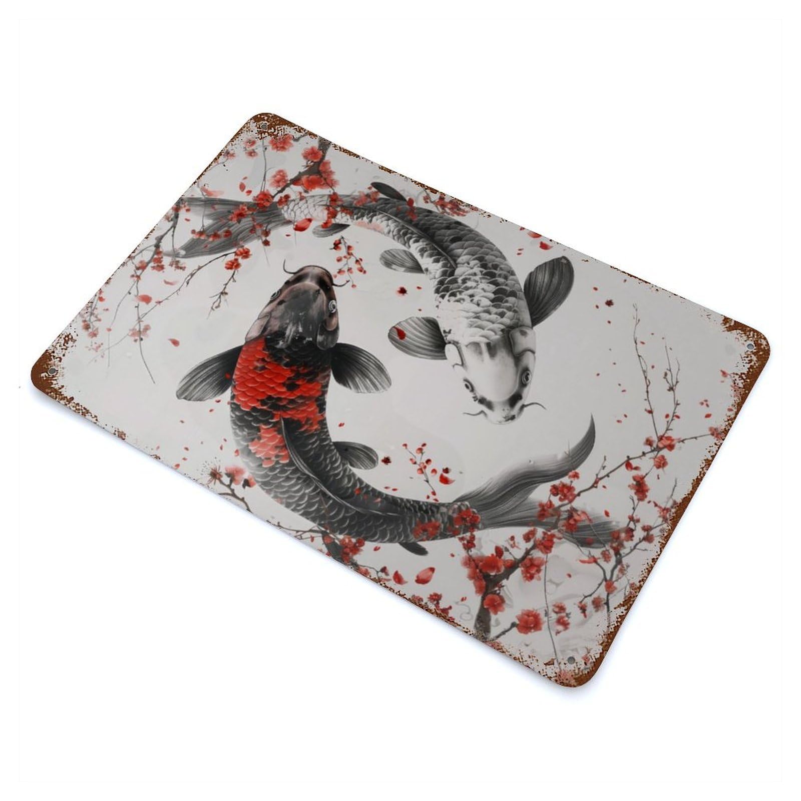 Koi Fish Balance Cherry Blossoms 11.8"x7.9" Aged Metal Wall Plaque, Novelty Wall Decor for Garage, Bar And Workshop Decor