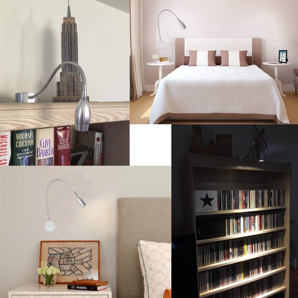 3W Lampe de lecture, Youngine Flexible 3W Lampe de chevet LED avec interrupteur et prise filaire, Applique murale col de cygne pour chambre à coucher, hôtel, bureau, 6000K (Argent-Blanc froid)