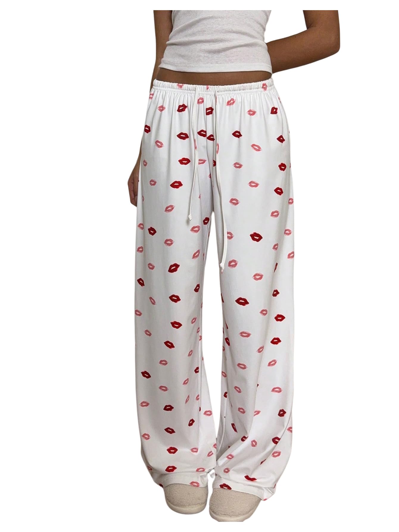 SweatyRocks Womens Drawstring Waist Lips Graphic Loose Pants Casual Lounge Pants Long Trousers