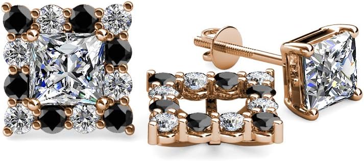 Black & White Natural Diamond (SI2-I1,G-H) Halo Jacket for Princess Cut Stud Earrings 0.74 ctw 14K Gold