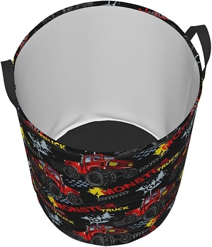 Miniatura 3 de Cesta redonda de almacenamiento de ropa sucia con diseño de camiones monstruos para el hogar, baño, dormitorio, guardería, 38 l
