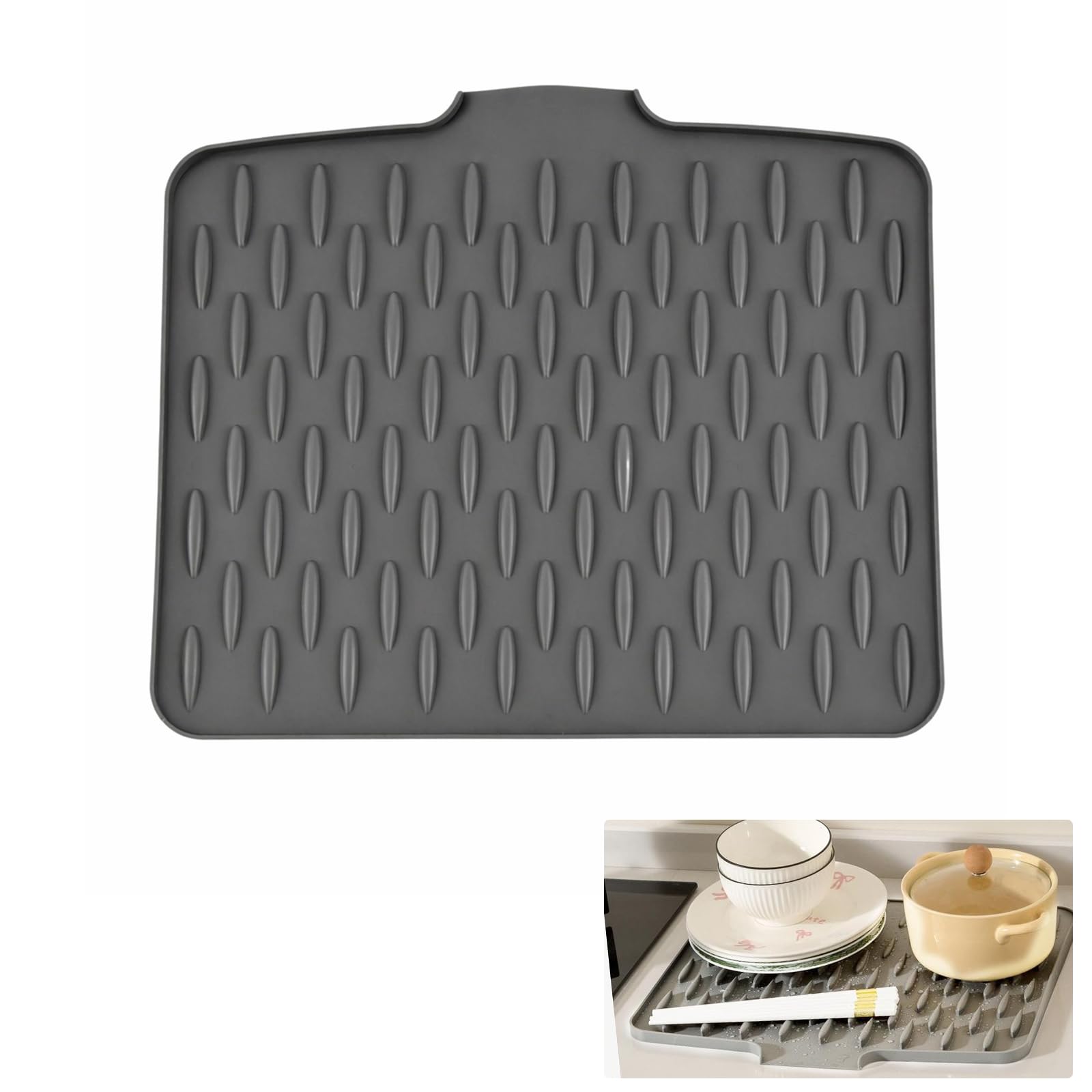 Large Silicone Dish Drying Mat for Kitchen Counter 32.5x40cm, Sloped Draining Board Mats with Raised Ridges, Non-Slip Heat Resistant Sink Drainer Mat for Pots Pans, Grey