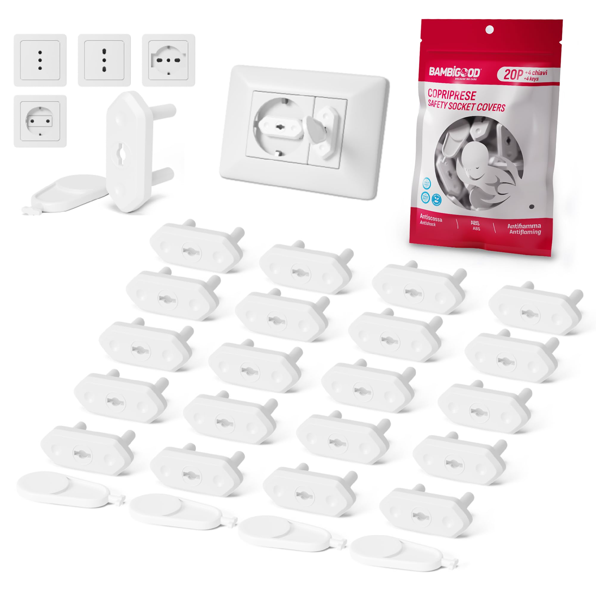 20+4 Cache Prise Bébé Electrique - Caches Prises Murale Universal 10/16A, Schuko pour Sécurité Domestique, Cache Protection Prise Electrique Bebe, Protege Prise pour Securite Enfant (Blanc)
