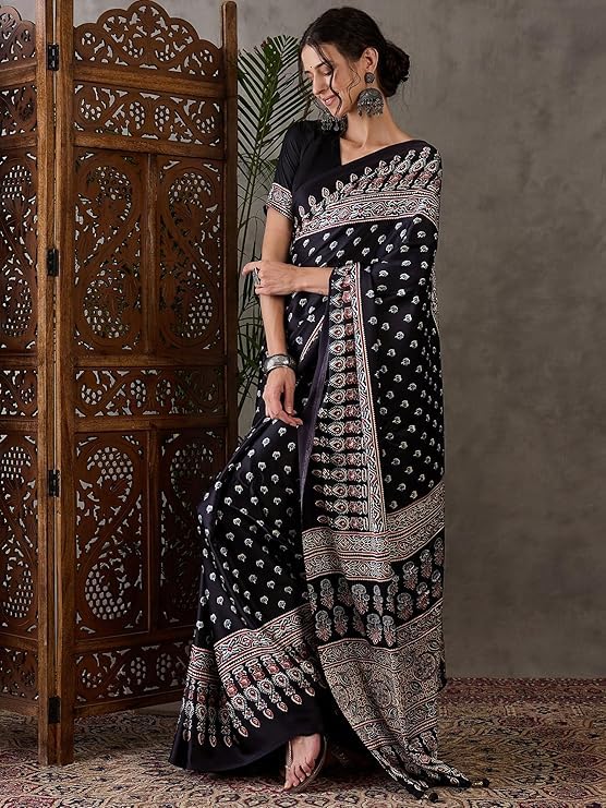 Image of SATIKA VASTRAM Modal Silk Ajrakh Saree Bandhani Design Crepe Printed Designer Pallu Attach Blouse Piece