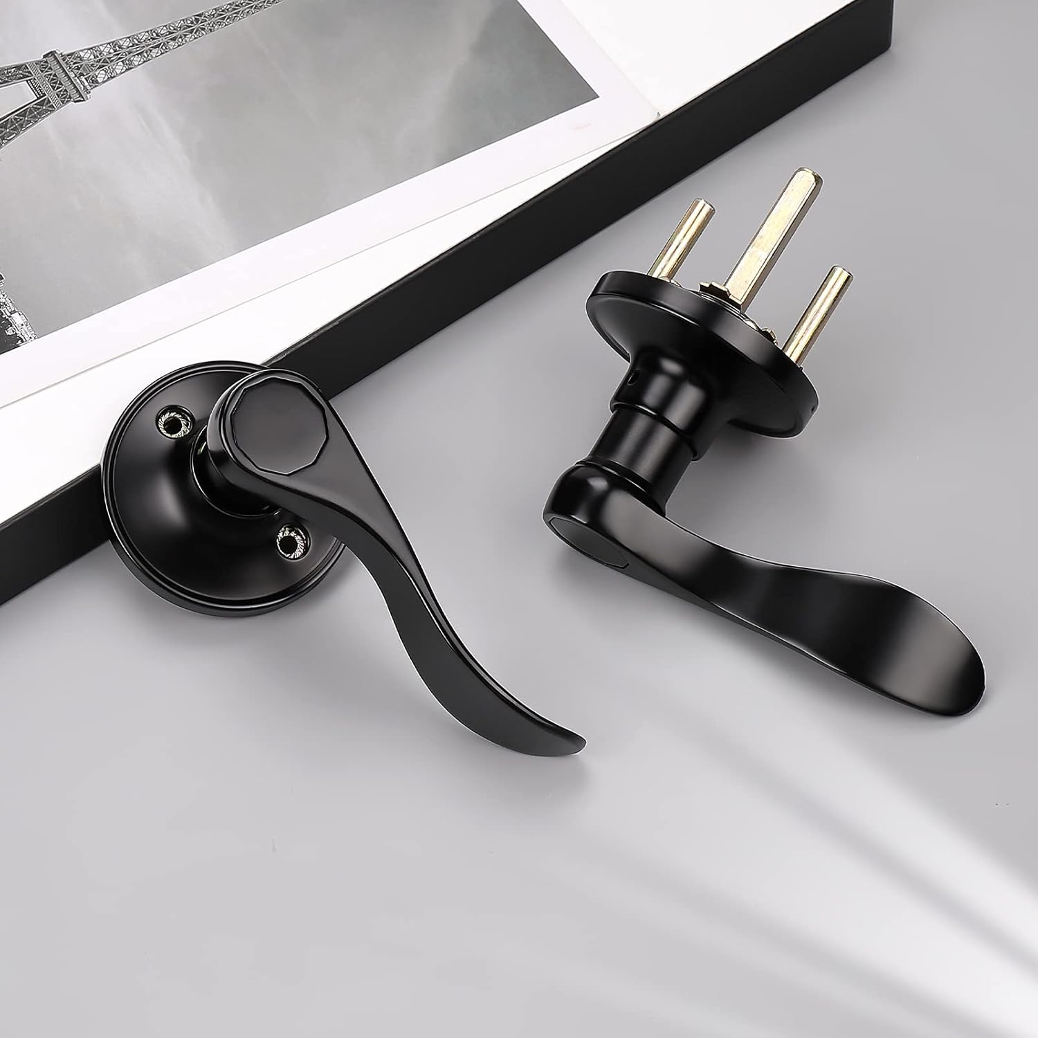 KNOBWELL 8 Pack Black Door Knobs Closet Hallway Door Handles Non-Locking Interior Matte Black Door Levers, Reversible for Right or Left, Zinc Alloy