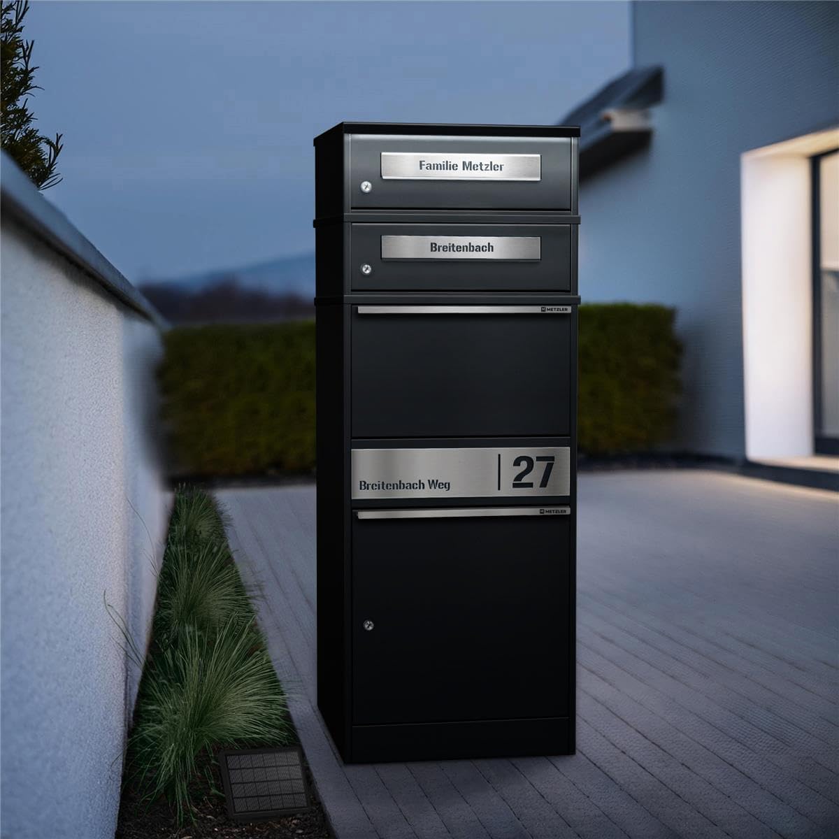 LED Illuminated Parcel Letter Box with Name Engraving, Solar Powered and Lockable, Black with Engraving, Weatherproof and Freestanding, with Two Letter Boxes, Space Saving for DHL M Parcels