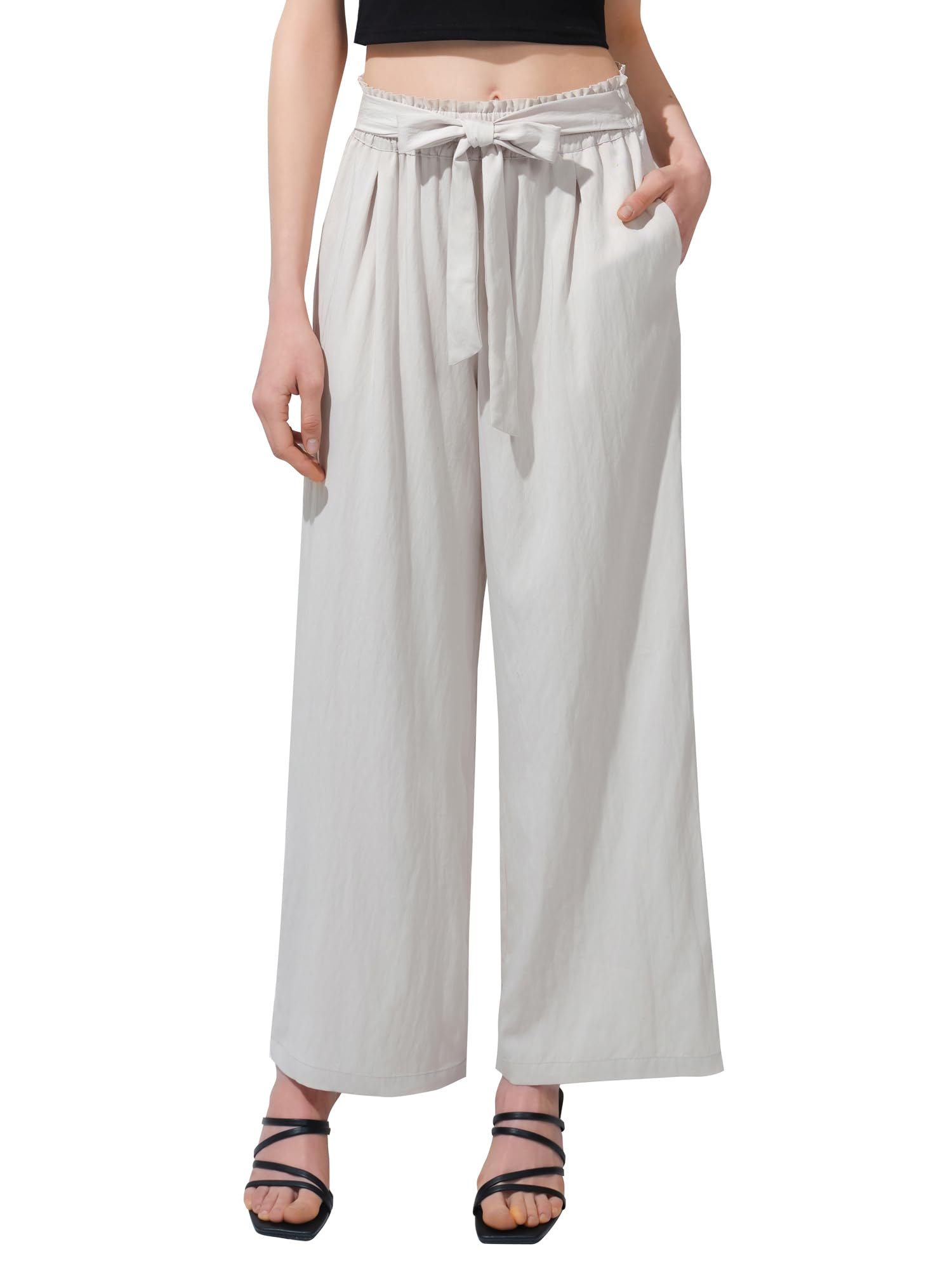 Womens Wide Leg Lounge Dress Pants with Pockets Summer Lightweight Elastic High Waisted Loose Work Causal Trousers