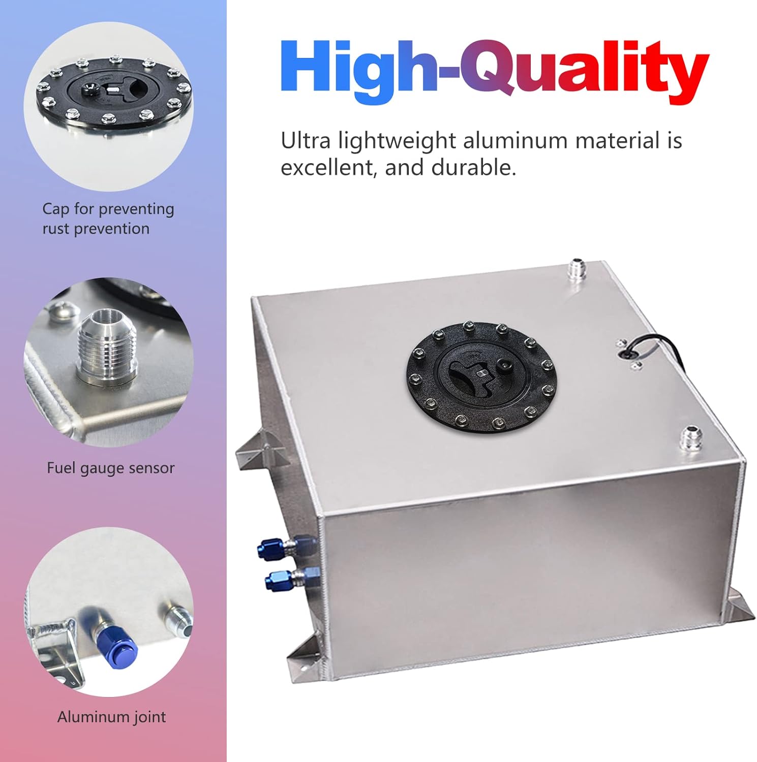 Universal 10 Gallon 40L Fuel Cell Tank Polished Aluminum Silver with Cap/Level Sender/12FT Oil Feed Line