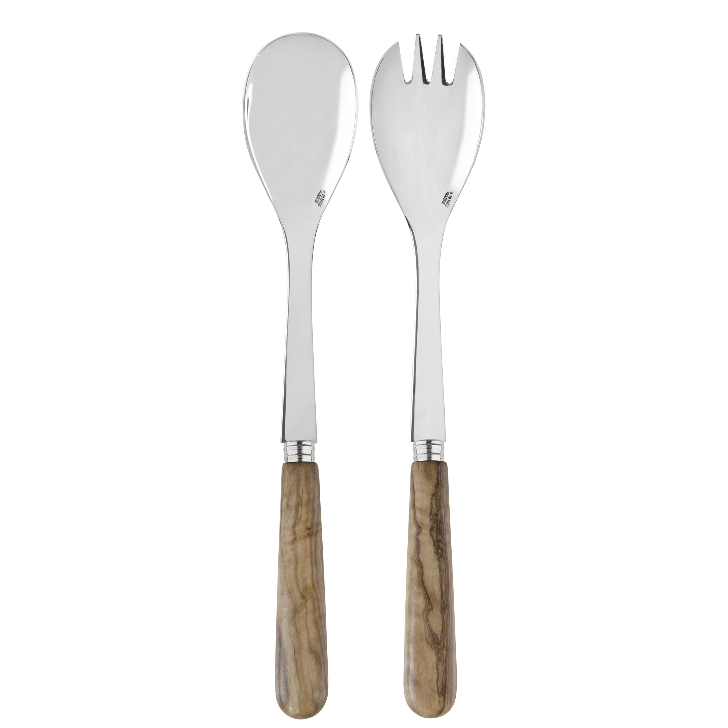 Sabre Paris | Couverts à salade 27cm Lavandou couleur Bois d'Olivier, finition brilante, 2 pièces. Grande fourchette et grande Cuillère en Acier Inoxydable et manche en véritable bois d'olivier