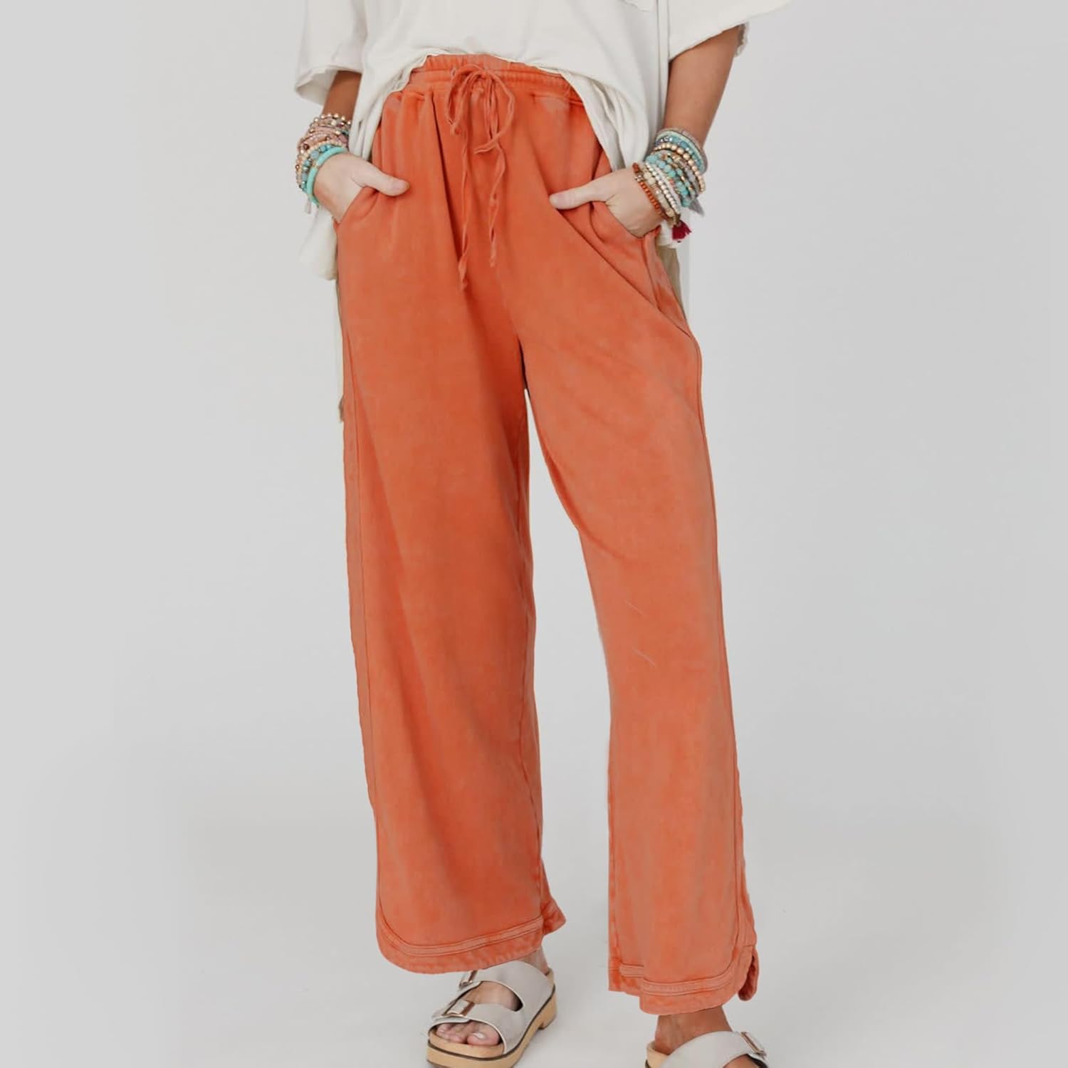 Hixiaohe Women's Casual Wide Leg Sweatpants High Waist Baggy Acid Wash Pants Drawstring Athletic Palazzo Pants with Pockets - Image 5