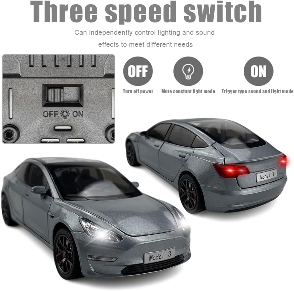 Image of DEOXY 1:24 Scale Tesla Model 3 Die-Cast Toy Car - Black Electric Vehicle Model with Openable Doors, Hood & Trunk, Pull Back Action, Lights & Sound - Metal Body for Kids