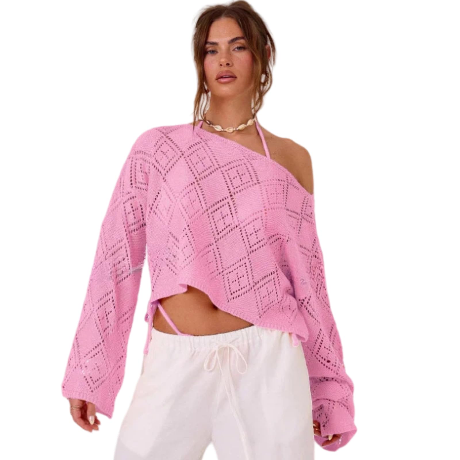 Top Crop tricoté décolleté, Pull Manches Longues ajouré