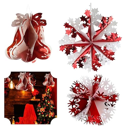 3Pcs Xmas Garlands Decorations, Snowflake Foil Garland Holiday Décor, Ball, Bell Shape Decoration for Outdoor or Indoor Use, Wedding, Valentine's Day Party Supplies | Red/White
