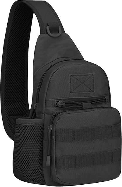 Vaupan Tactical Sling Bag, Military Molle Sling Backpack, Water Resistant Chest Daypacks Compact Crossbody Shoudler Bag for Outdoor Hiking, Cycling, Traveling (Black)
