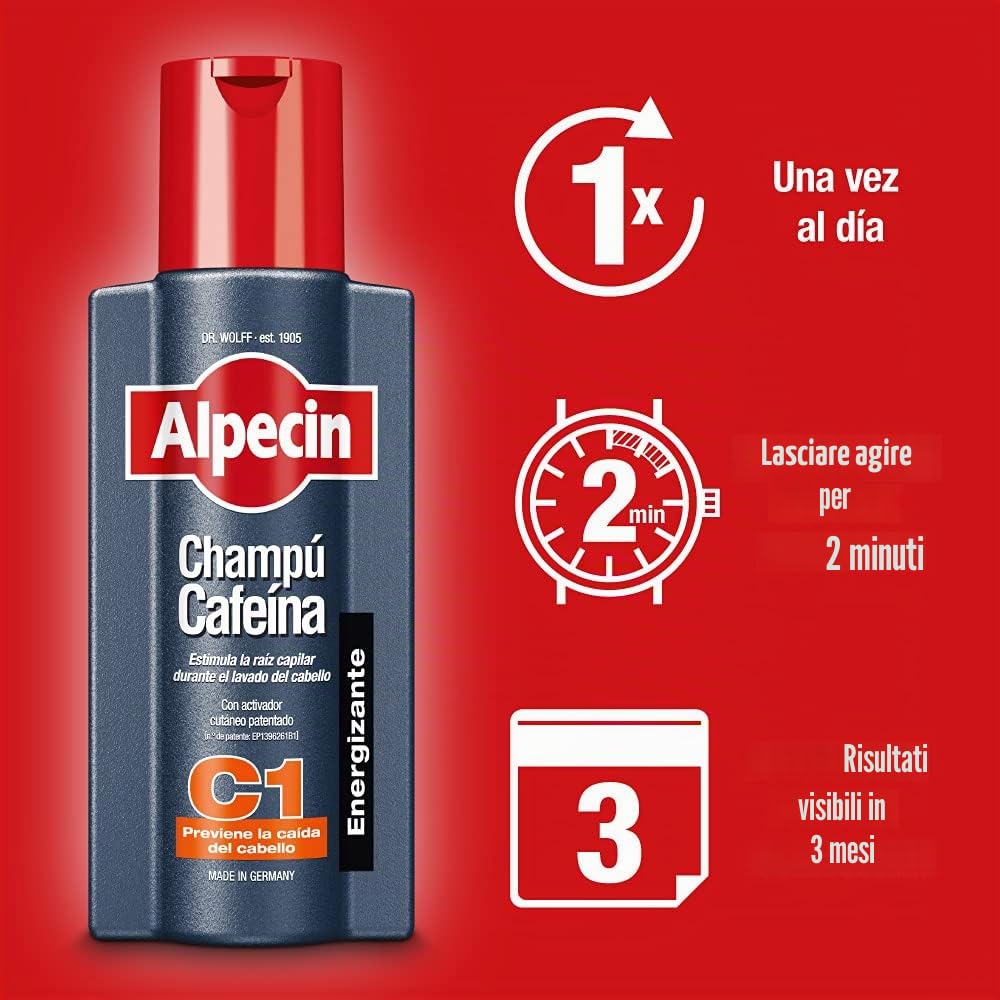 Alpecin Shampoo alla Caffeina C1 3x 250 ml | Shampoo anticaduta uomo con caffeina | Trattamento per la caduta dei capelli