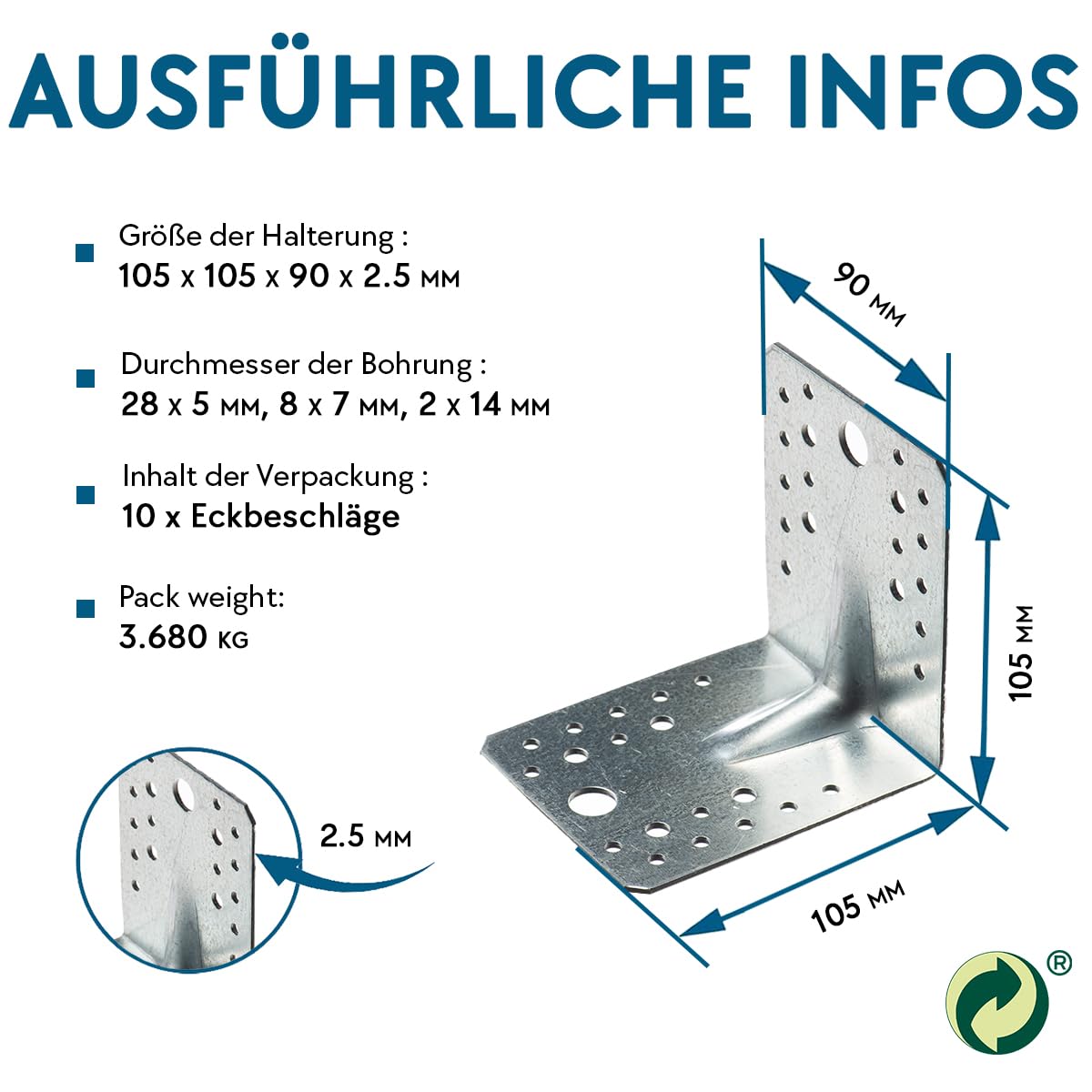 VHG Set di 10 connettori angolari pesanti (105 x 105 x 90 x 2,5) a 90 gradi L staffe angolari, connettori in legno zincato, rinforzo per angoli di costruzione in legno per connettori mobili